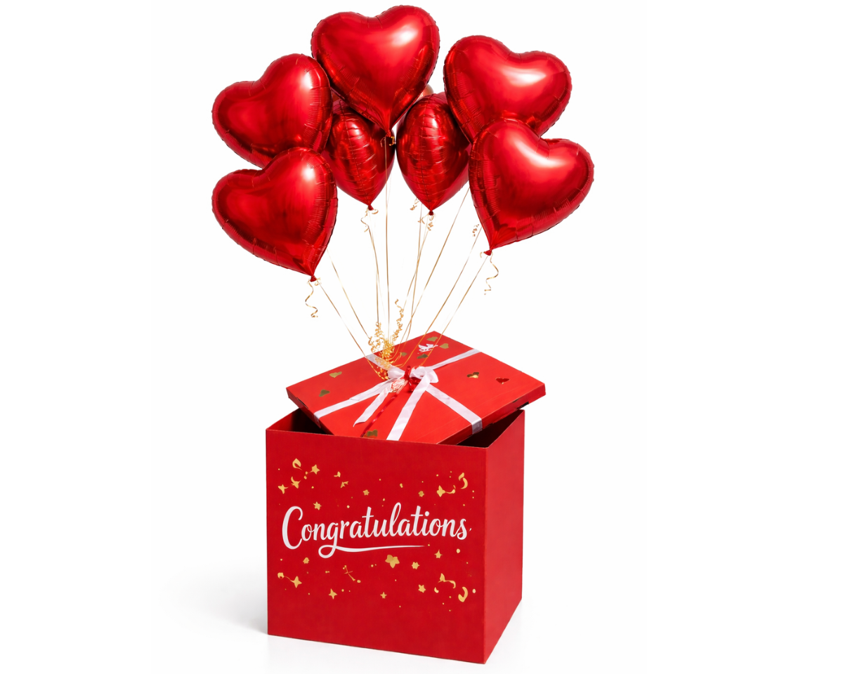 Surprise box with a personalized custom message,  10 balloons